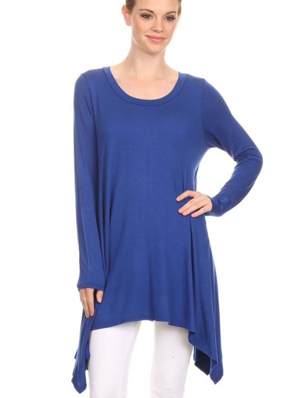 Solid Long Sleeve Relaxed Fit Round Neck Tunic